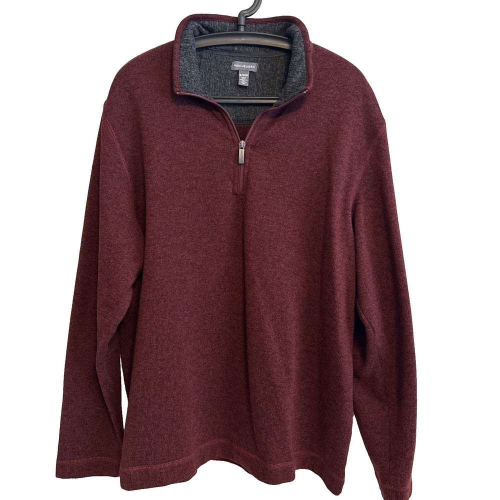 Van Heusen Mens XL Quarter Zip Pullover XL Burgundy Fleece Layers Preppy Office
